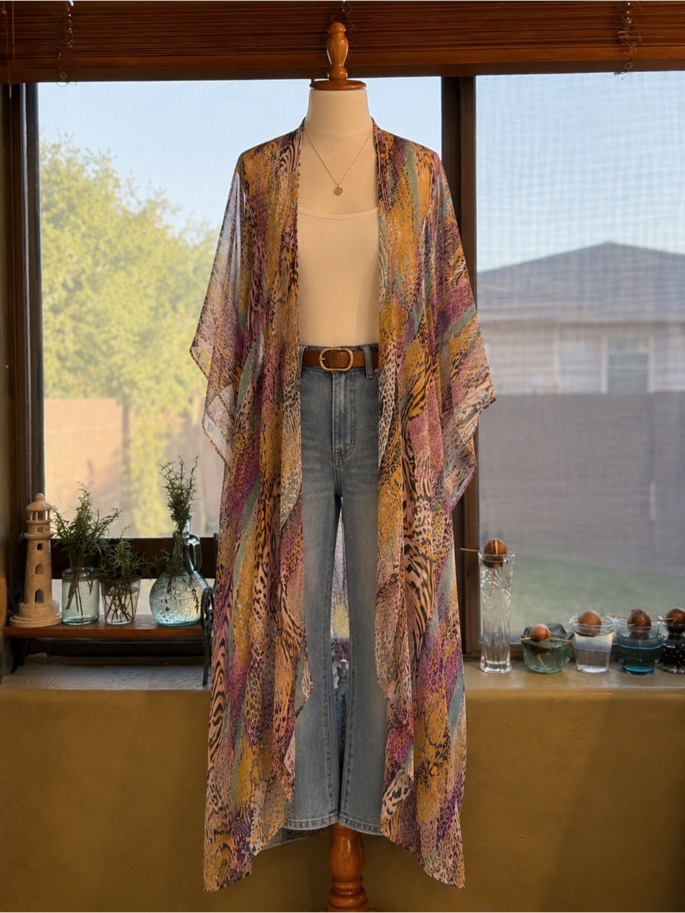 Lightweight Multicolor Sheer Kimono - Purple, Yellow, Cream